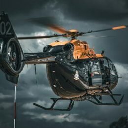 a helicopter flying through a cloudy sky on a cloudy day